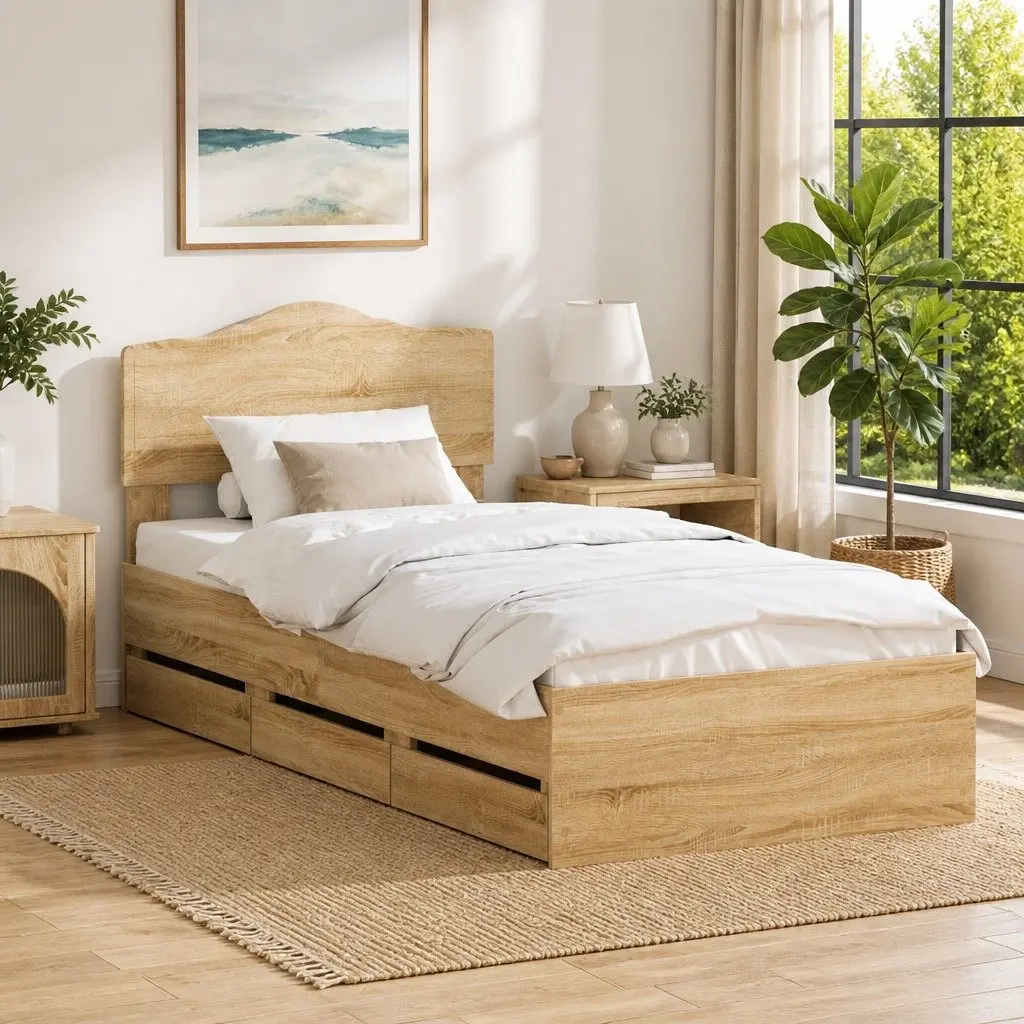 Bed Frame with Storage Drawer Modern 90 x 190 cm Sonoma Oak Engineered Wood