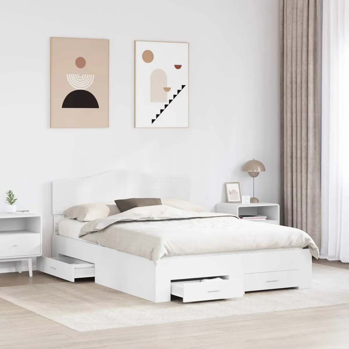 White Bed Frame with Storage Drawers and Headboard