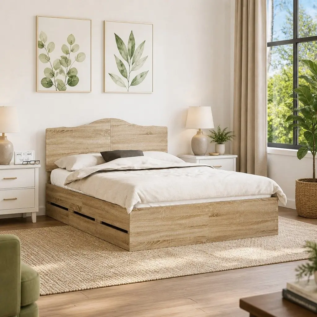 Bed Frame with Storage Drawer Modern Design Engineered Wood 150 x 200 cm Brown