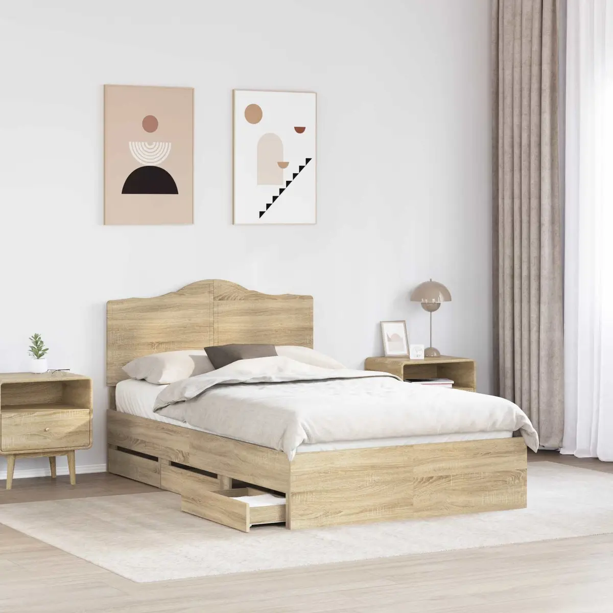 Bed Frame with Storage Drawer Modern 135 x 190 cm Engineered Wood Brown Sonoma Oak