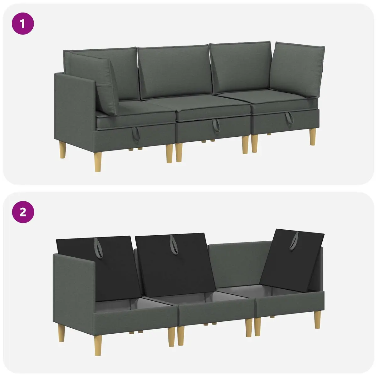 Modular Sofa Set Storage 3-Piece Grey Fabric Living Room Couch