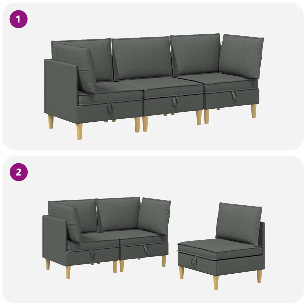Modular Sofa Set Storage 3-Piece Grey Fabric Living Room Couch