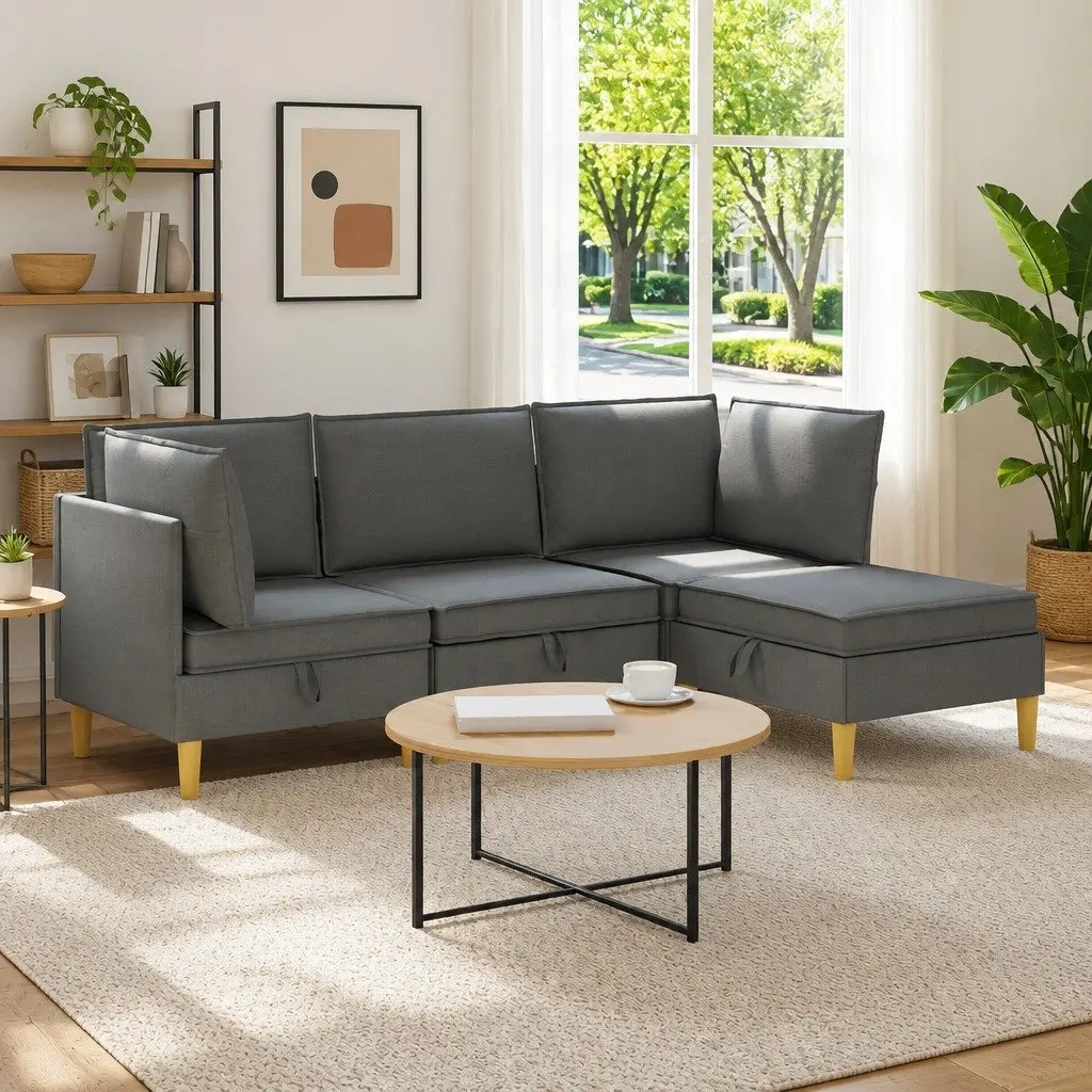 Modular Sofa Set Storage 4 Pieces Grey Fabric Living Room Sectional