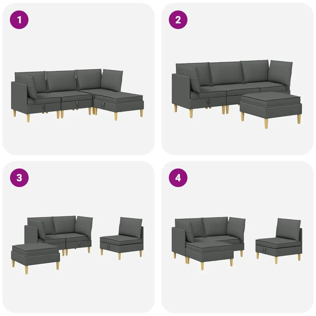 Modular Sofa Set Storage 4 Pieces Grey Fabric Living Room Sectional