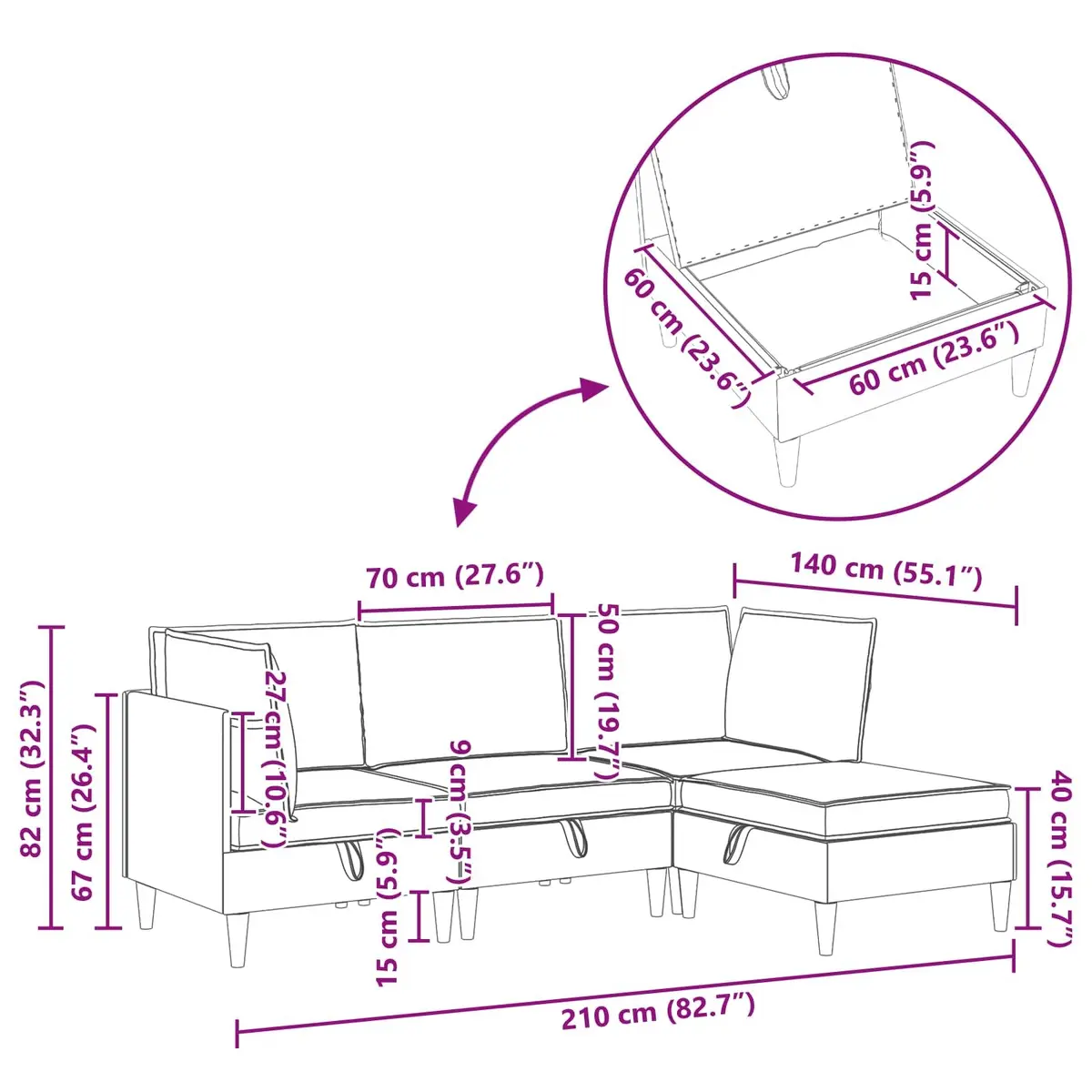 Modular Sofa Set Storage 4 Pieces Grey Fabric Living Room Sectional