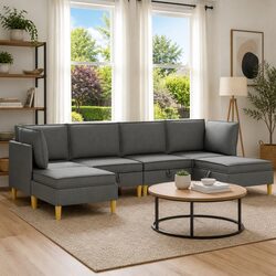 Comfortable 6-Piece Grey Modular Sofa Set with Storage