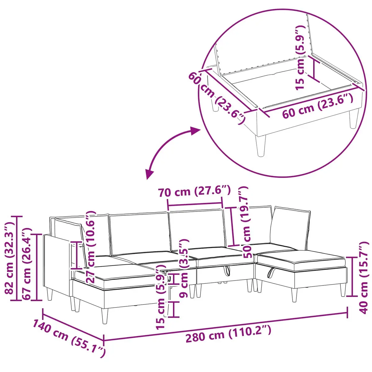 Modular Sofa Set 6 Pieces Grey Fabric Living Room Furniture