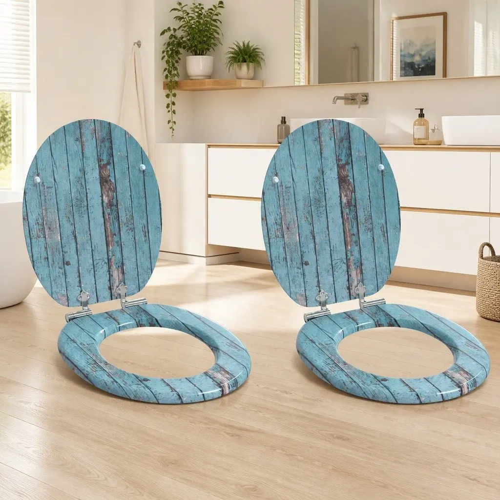 Soft-Close Toilet Seat 2 Pack Standard Fixing Blue MDF Board 44 x 38 cm