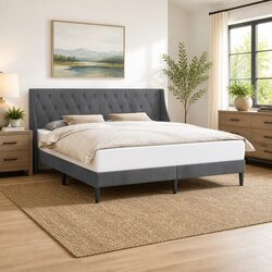 Elegant Dark Grey Velvet Headboard Bed Frame 180 x 200 cm