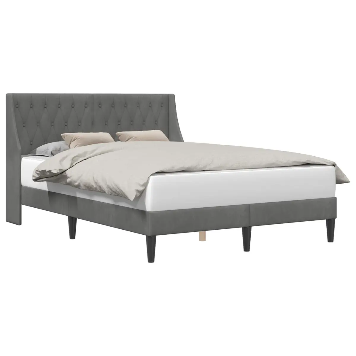 Bed Frame with Velvet Headboard Modern Bedroom Furniture Dark Grey Upholstered