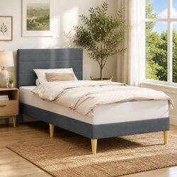 Bed Frame with Fabric Upholstered Headboard 90 x 190 cm Dark Grey Bedroom