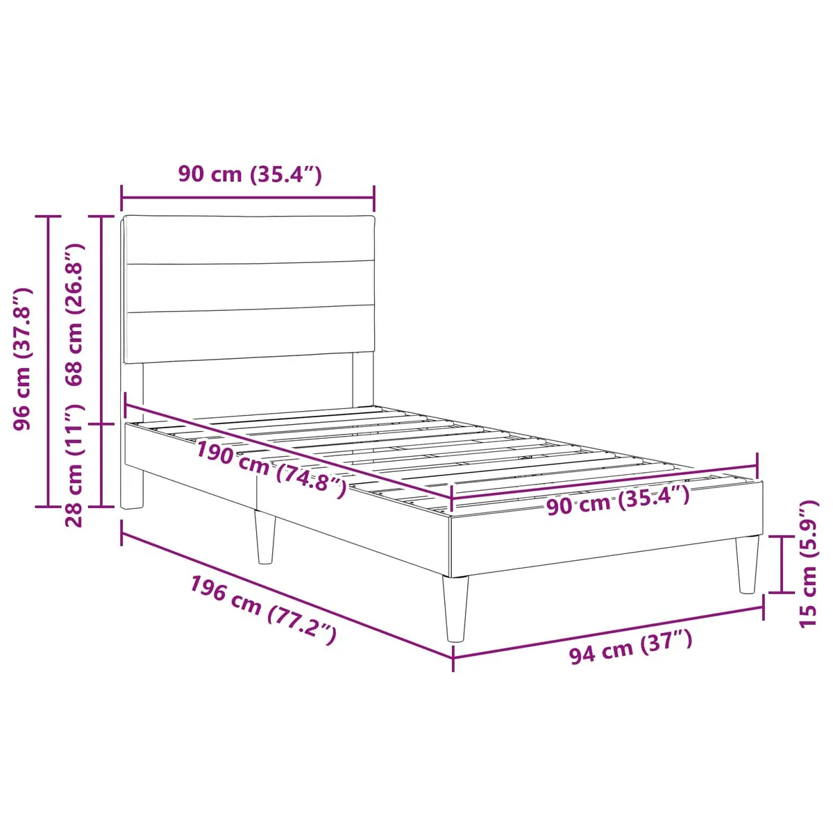 Upholstered Headboard Bed Frame Indoor Dark Grey 90 x 190 cm