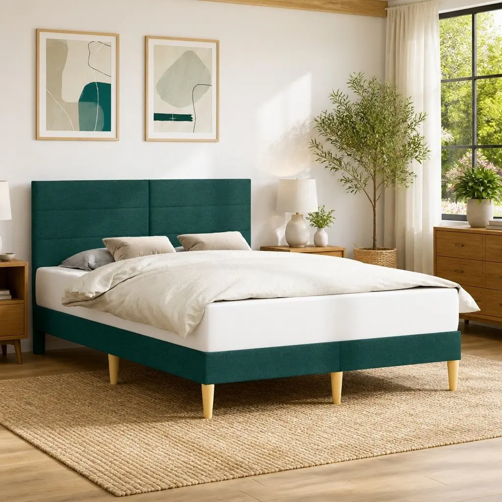 Bed Frame Modern Bedroom Furniture Fabric Headboard Dark Grey Slatted Base