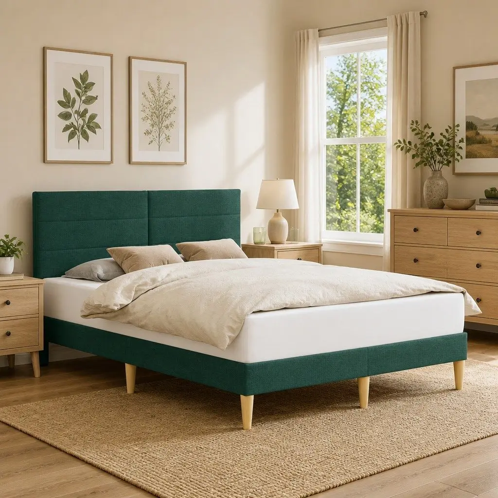 Bed Frame Fabric Upholstered Headboard Dark Grey Indoor Bedroom Furniture Rectangular