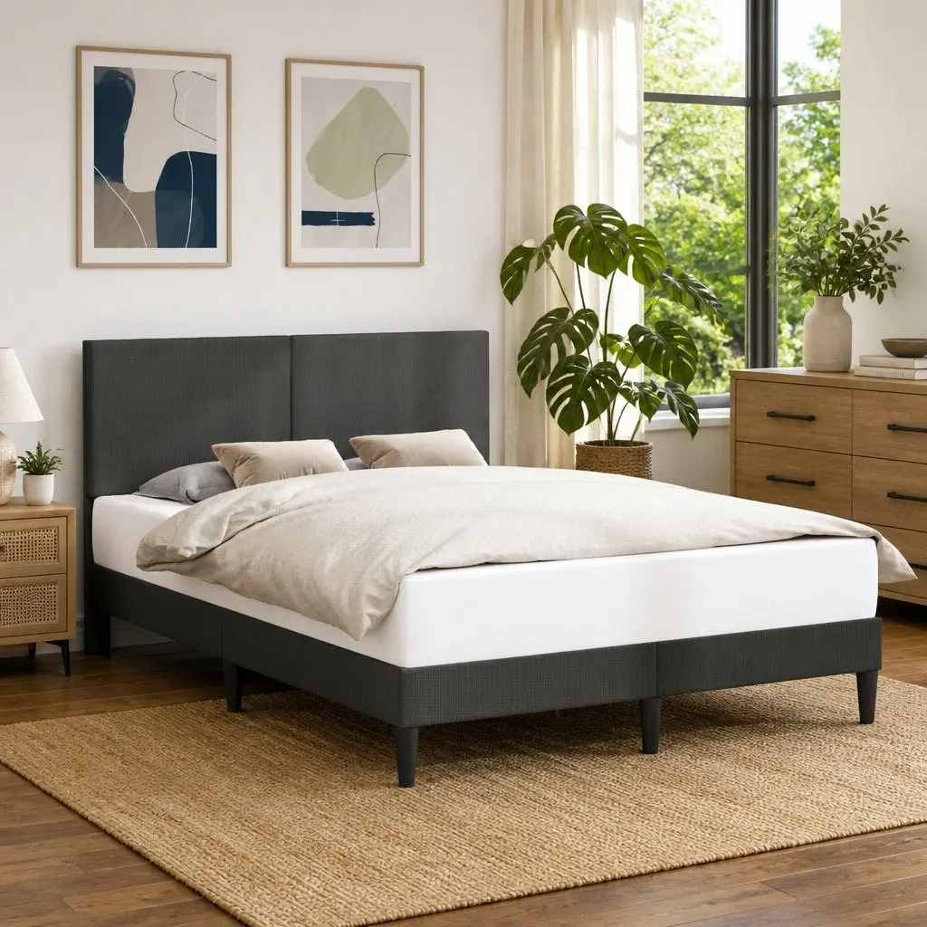 Bed Frame with Corduroy Headboard in Dark Grey