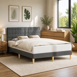 Bed Frame with Headboard Dark Grey Fabric Upholstered Modern Bedroom Furniture