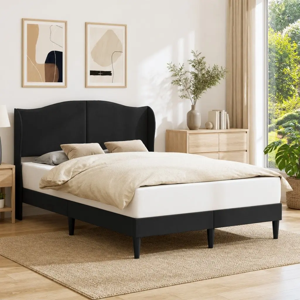 Bed Frame Black Faux Leather Modern Bedroom Furniture 137x190cm
