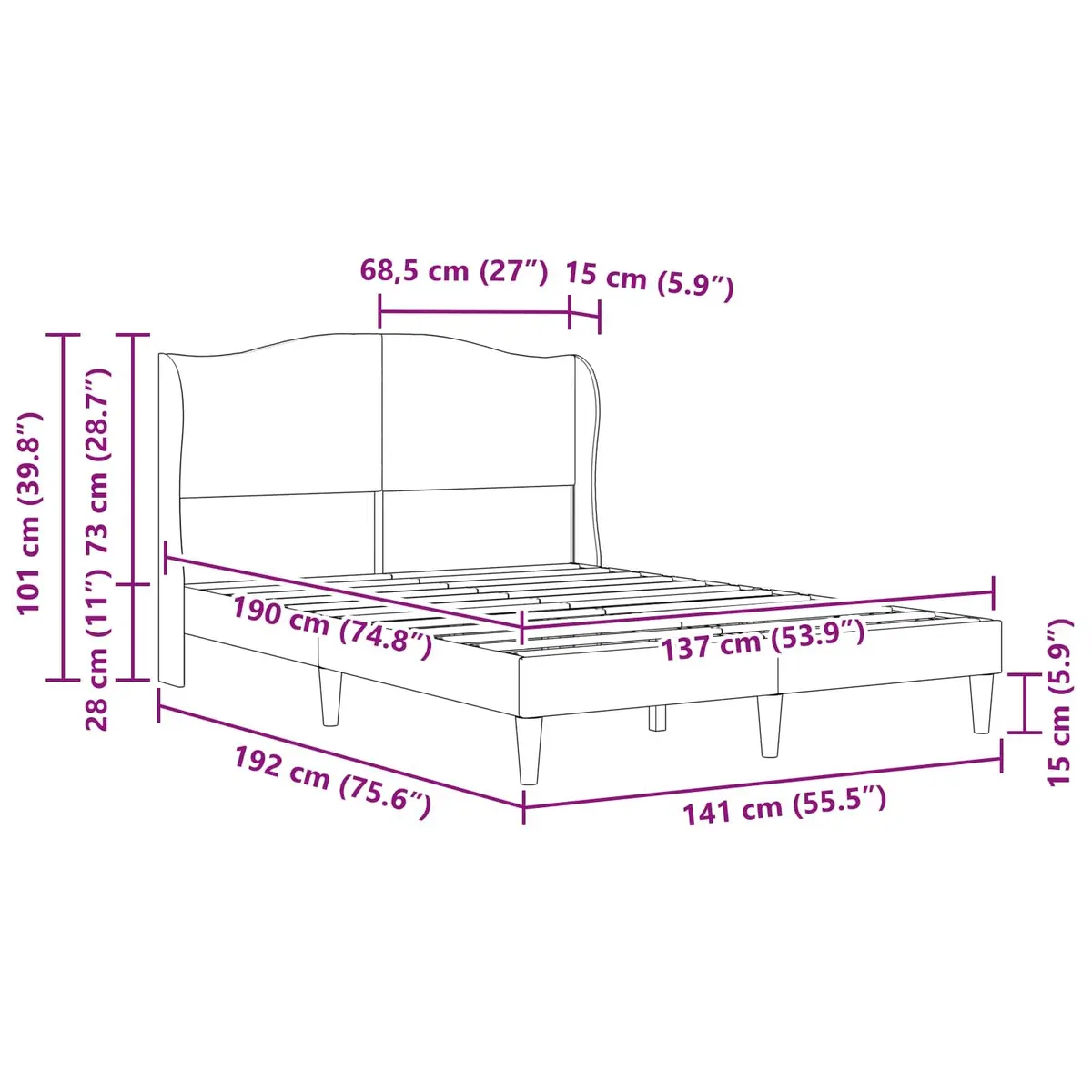 Bed Frame Black Faux Leather Modern Bedroom Furniture 137x190cm