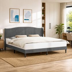 Quality Dark Grey Bed Frame with Velvet Headboard