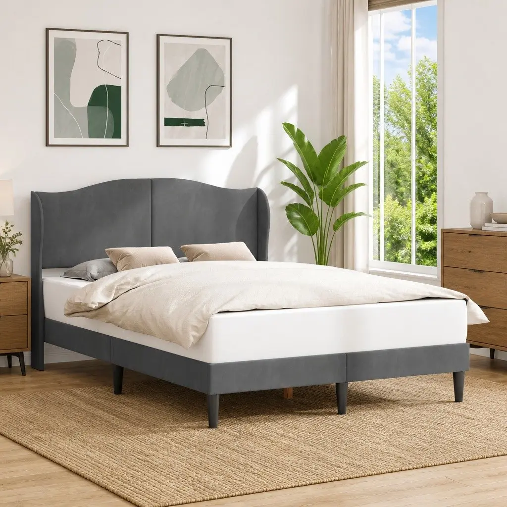 Bed Frame with Velvet Headboard Dark Grey 137 x 190 cm Modern Platform Bedroom