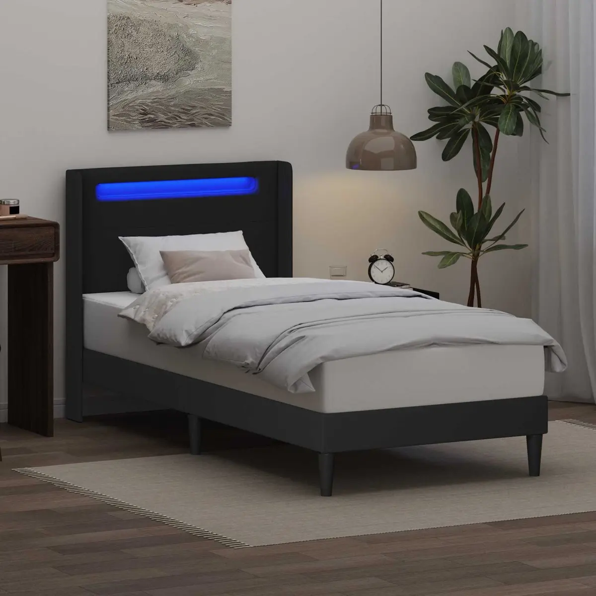 Bed Frame with LED Strip Lights Black 90 x 190 cm Faux Leather Modern Design