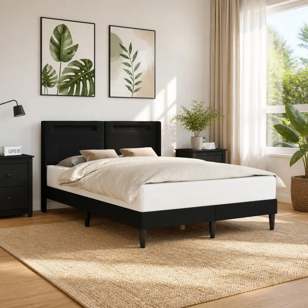 Black Faux Leather Bed Frame with LED Lights