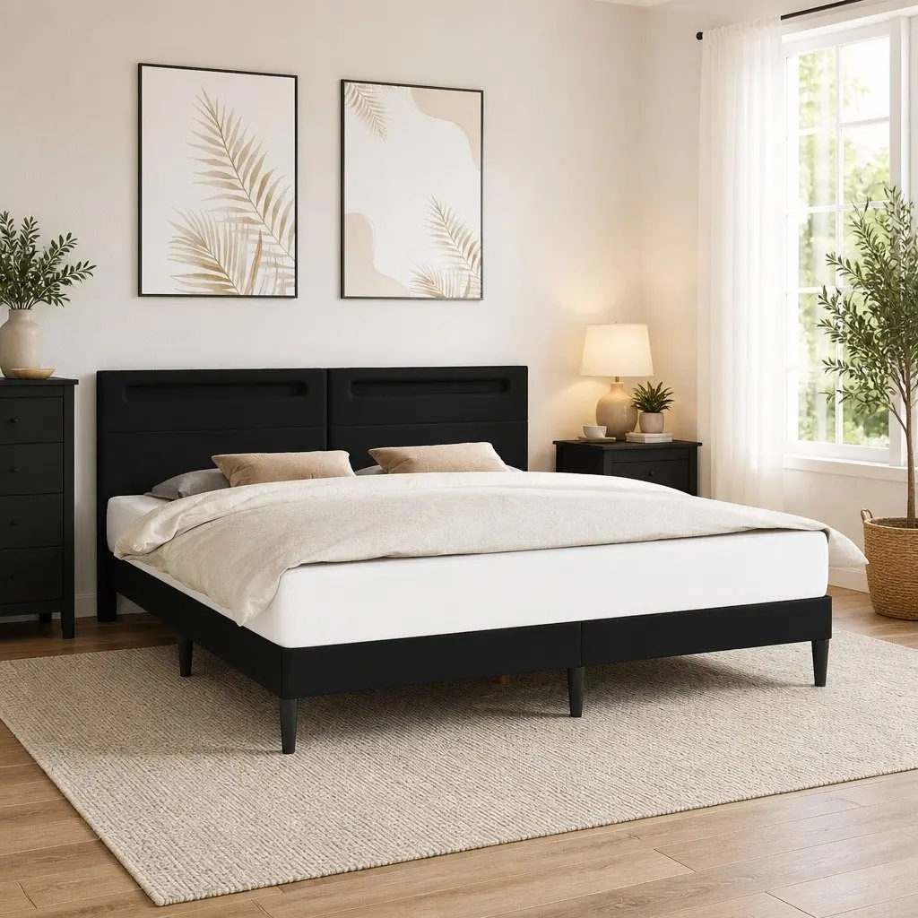 Bed Frame Black Faux Leather 180 x 200 cm Slatted Base LED Lighting USB