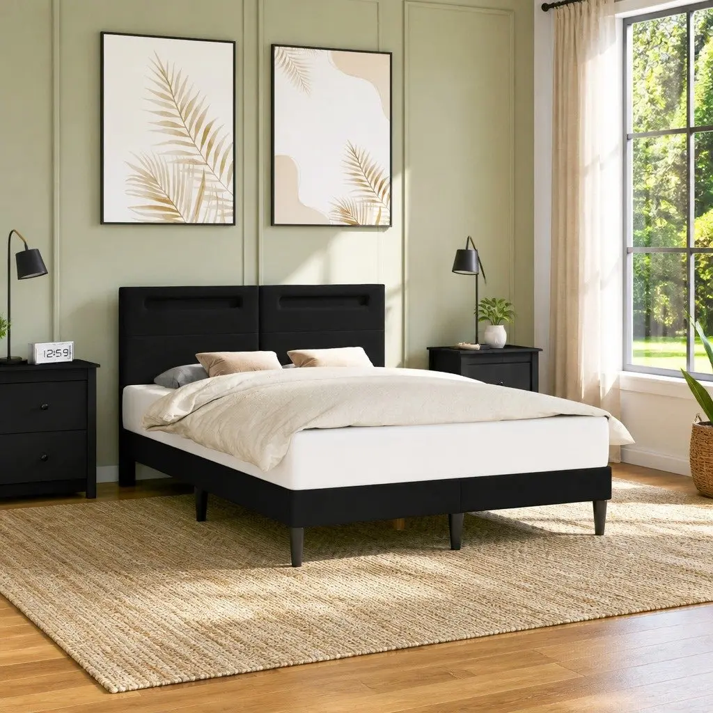Bed Frame Faux Leather Modern Style 137 x 190 cm Black