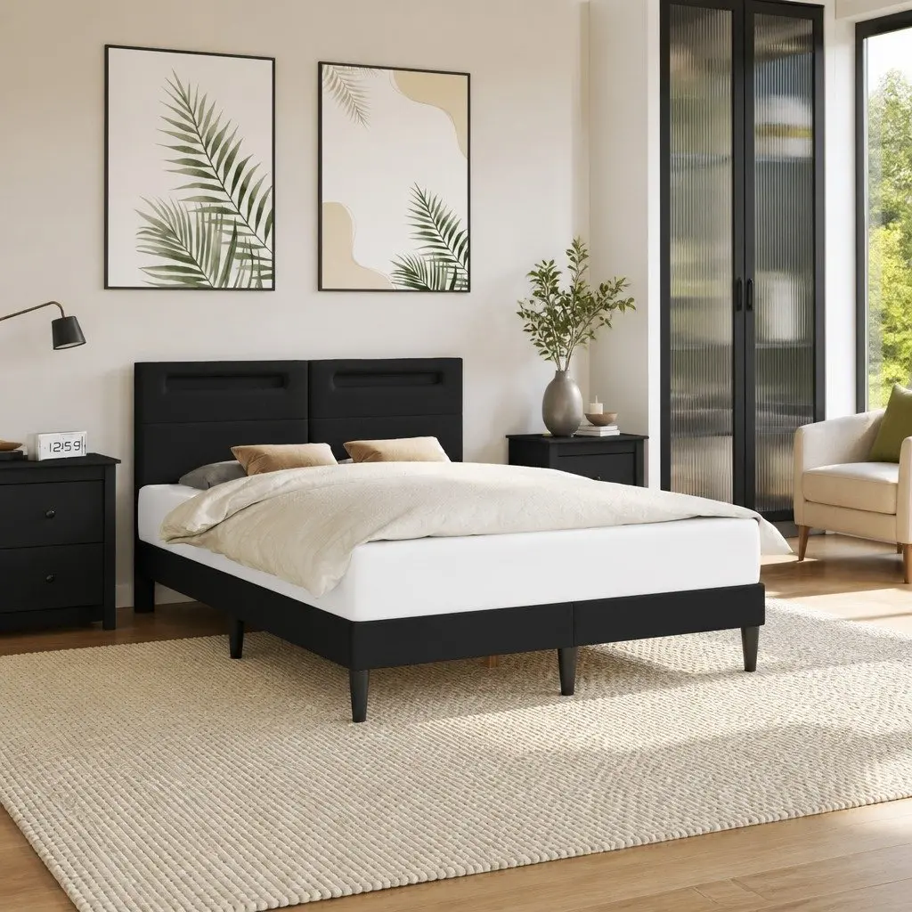 Black Faux Leather Bed Frame with LED Lighting