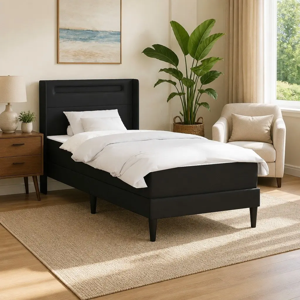 Bed Frame with Mattress 90 x 190 cm Faux Leather Black LED USB Ports