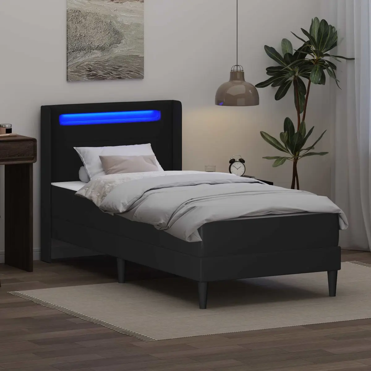 Bed Frame with Mattress 90 x 190 cm Faux Leather Black LED USB Ports
