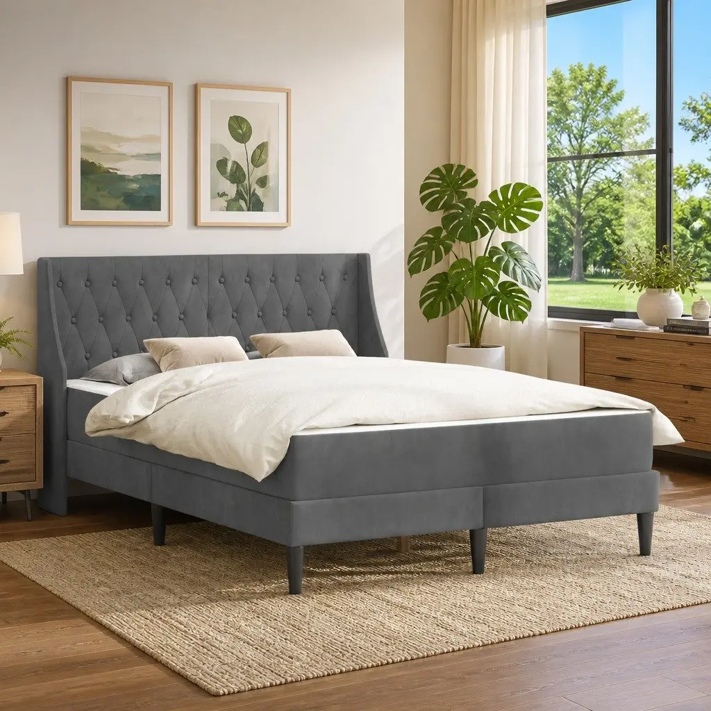 Bed Frame with Mattress Grey 137 x 190 cm Velvet Upholstered Modern Bedroom
