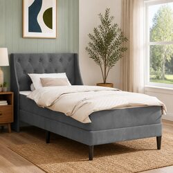 Grey Velvet Bed Frame with Integrated Mattress 107 x 203 cm