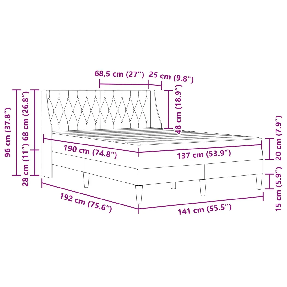Bed Frame with Mattress Modern Velvet Upholstered 137 x 190 cm Grey