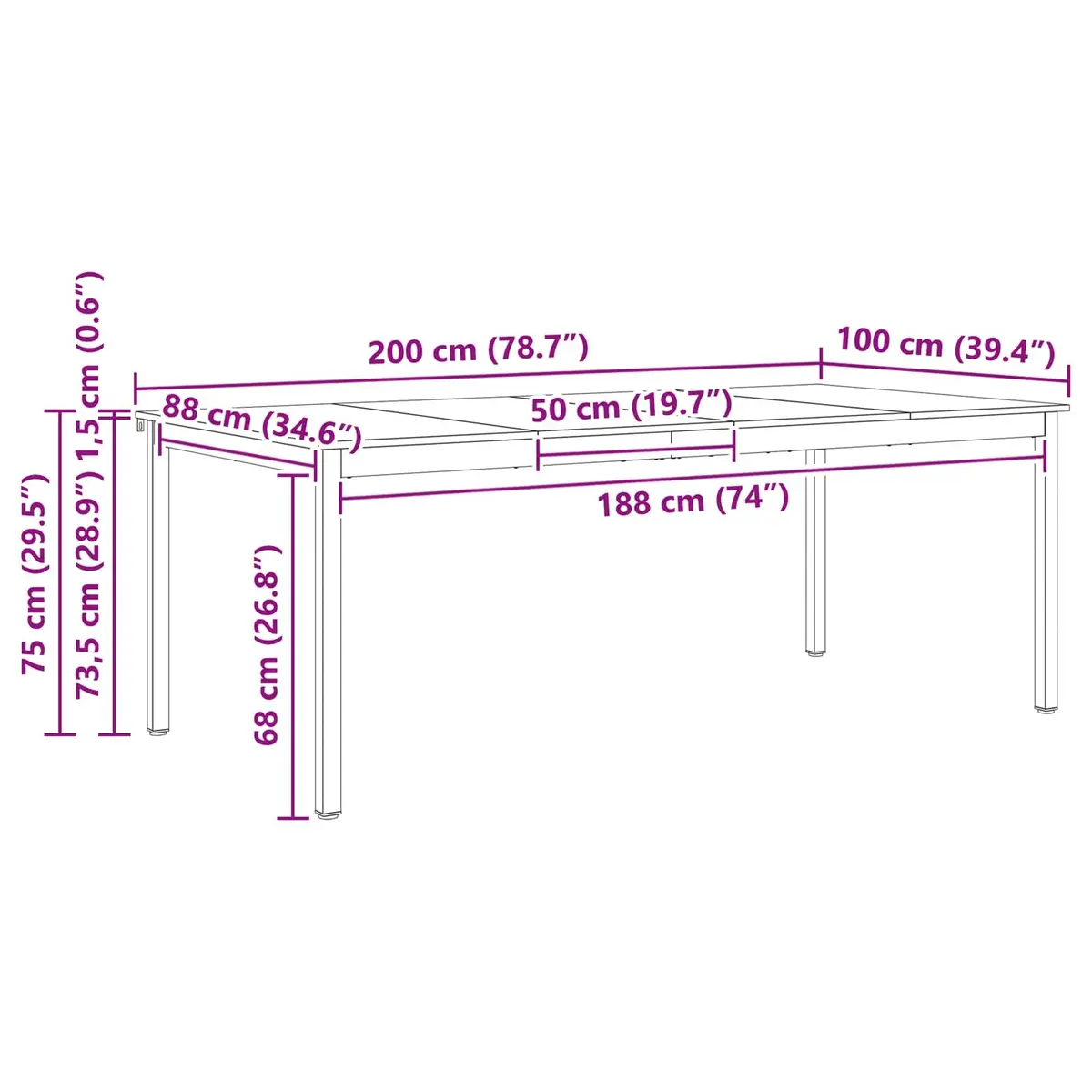 Dining Table in Solid Pine Wood 200 cm
