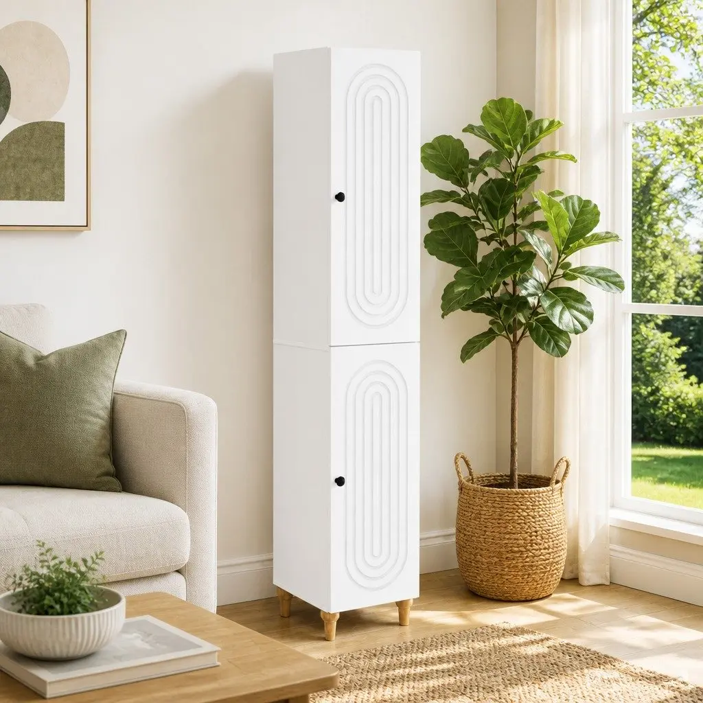White Cabinet Set 2 Pieces Engineered Wood Furniture Storage Solution
