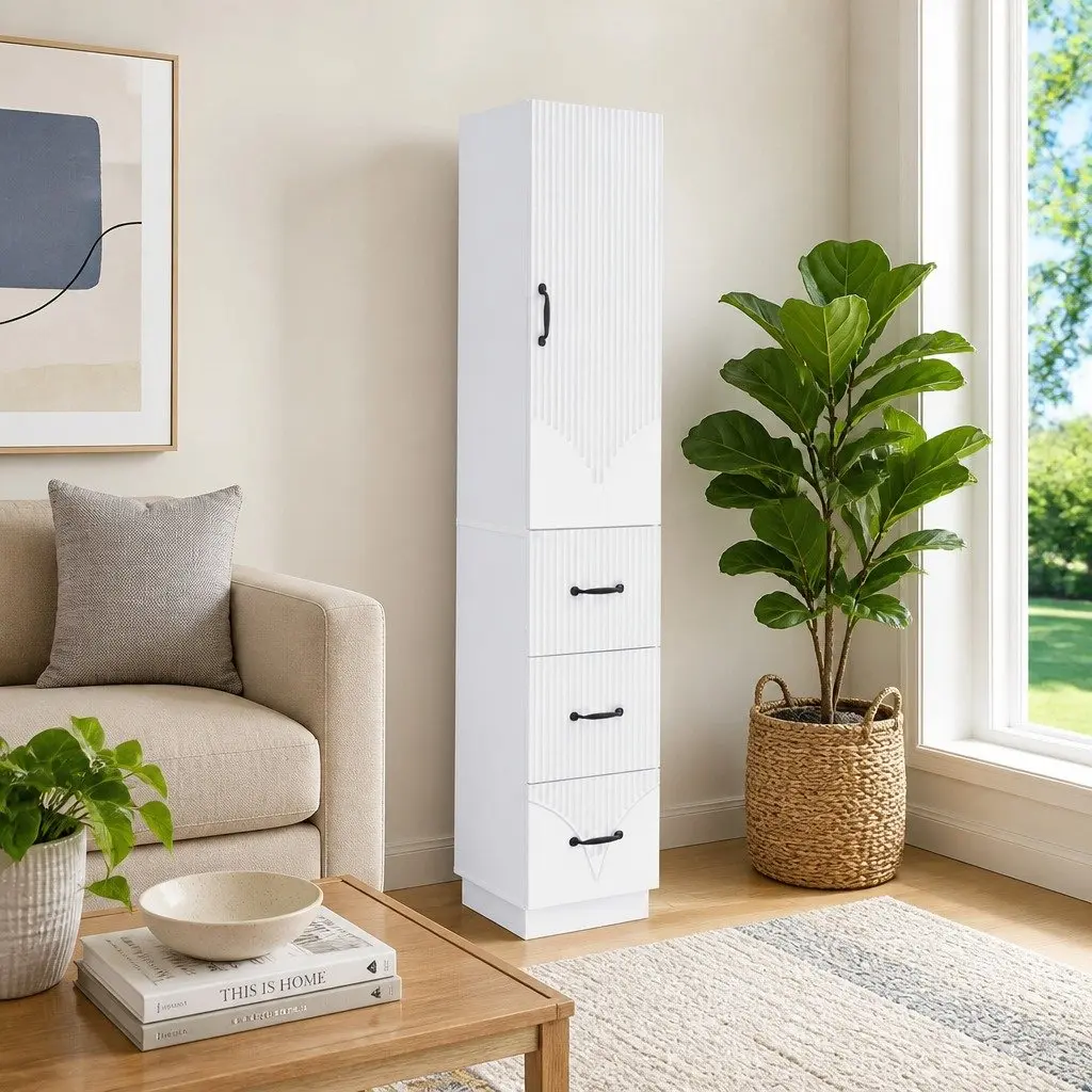 Storage Cabinet Set 2 pcs White Modern Sliding Doors Shelves Drawers Organizer