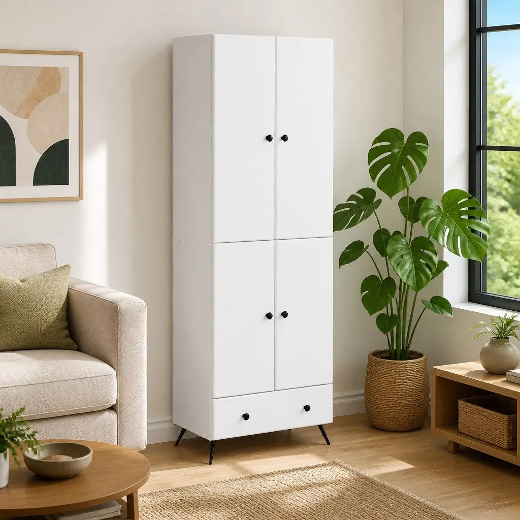 Cabinet Set 2 Pieces White Storage Furniture Drawers Shelves LED Lights