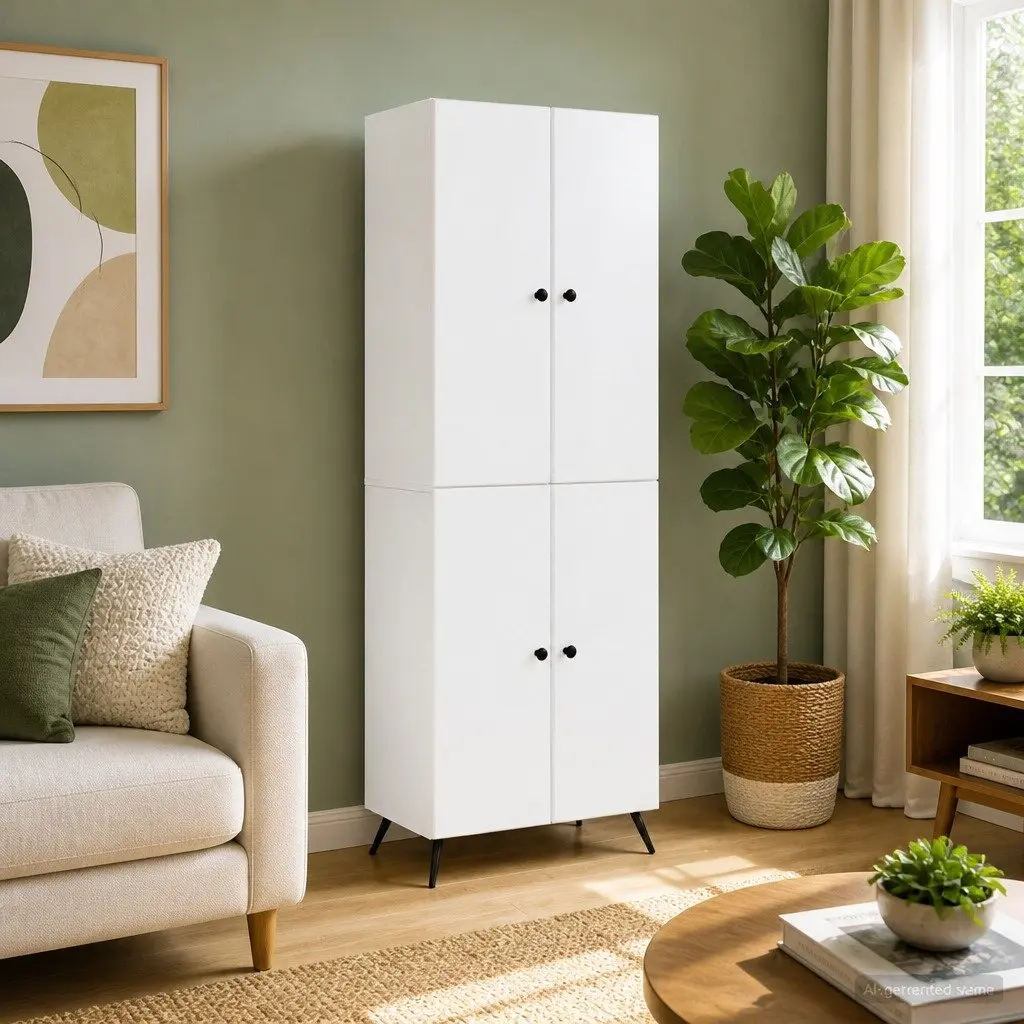 Cabinet Set 2 Pieces White Storage Furniture Engineered Wood Shelves Drawers