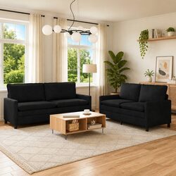 Comfortable and Practical 2 Piece Black Velvet Sofa Set