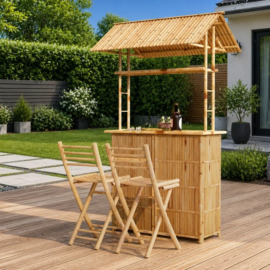 Bamboo Bar Set Tropical Outdoor Furniture 3 Piece Foldable Brown
