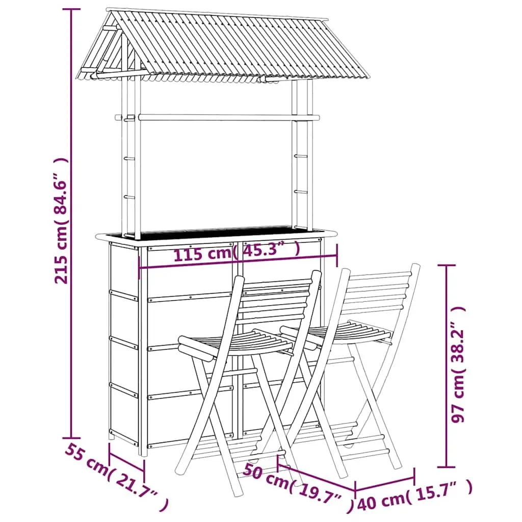 Bamboo Bar Set Tropical Outdoor Furniture 3 Piece Foldable Brown