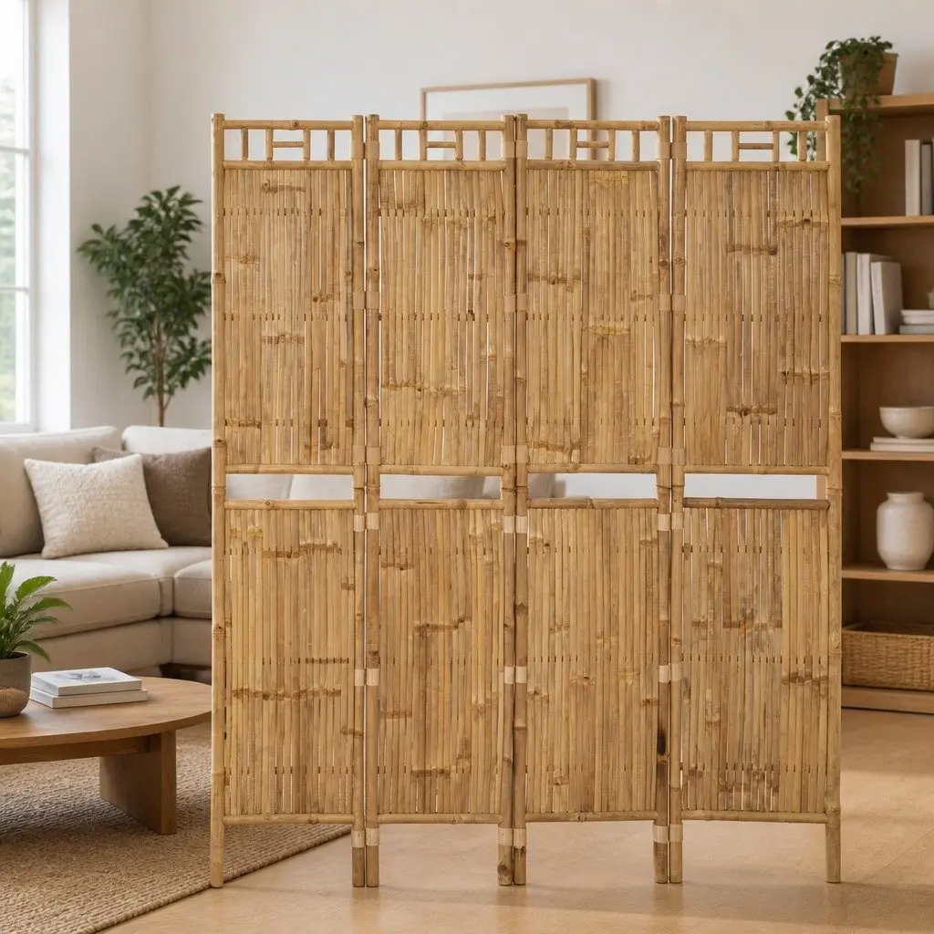 4-Panel Room Divider Bamboo Folding Privacy Screen Indoor Outdoor Partition Brown 160 x 180 cm