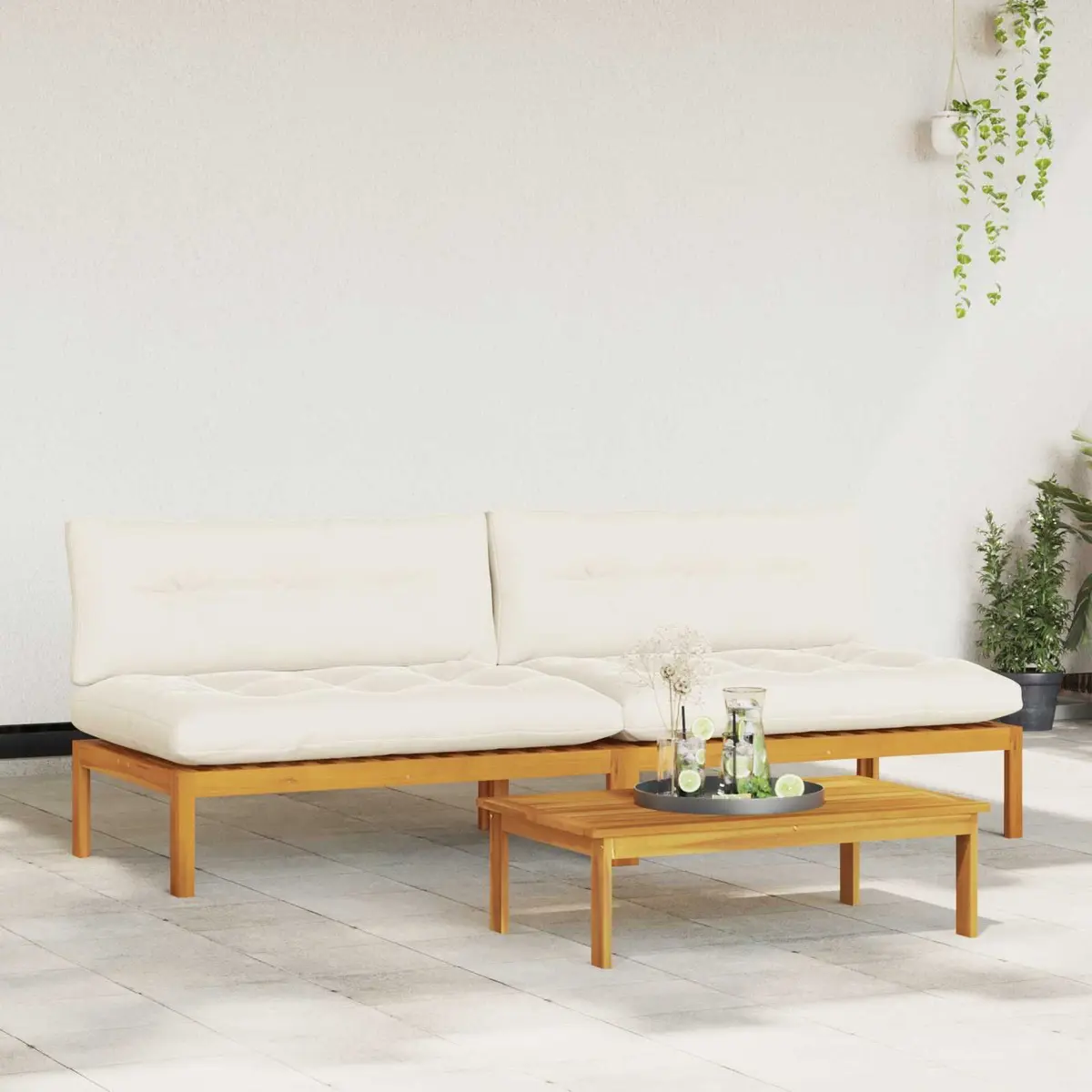 Outdoor Sectional Sofa Unit 2 Piece Acacia Wood Garden Patio Furniture Natural Cream White