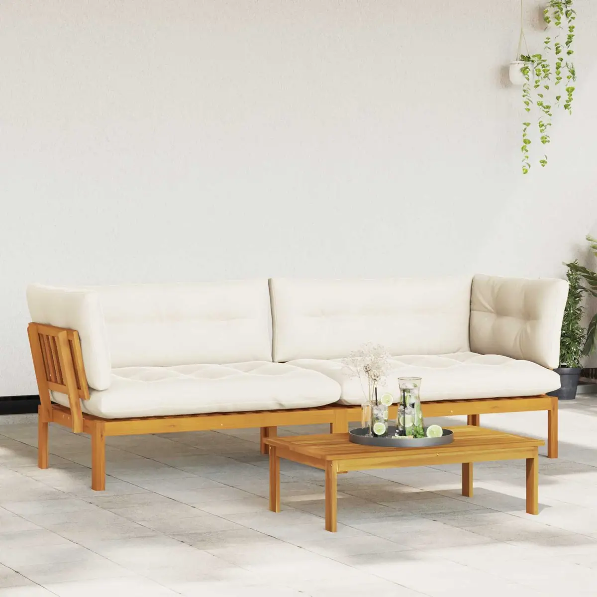 2 Piece Outdoor Garden Patio Sectional Sofa Set Corner Lounge with Matching Low Table Brown Cream White