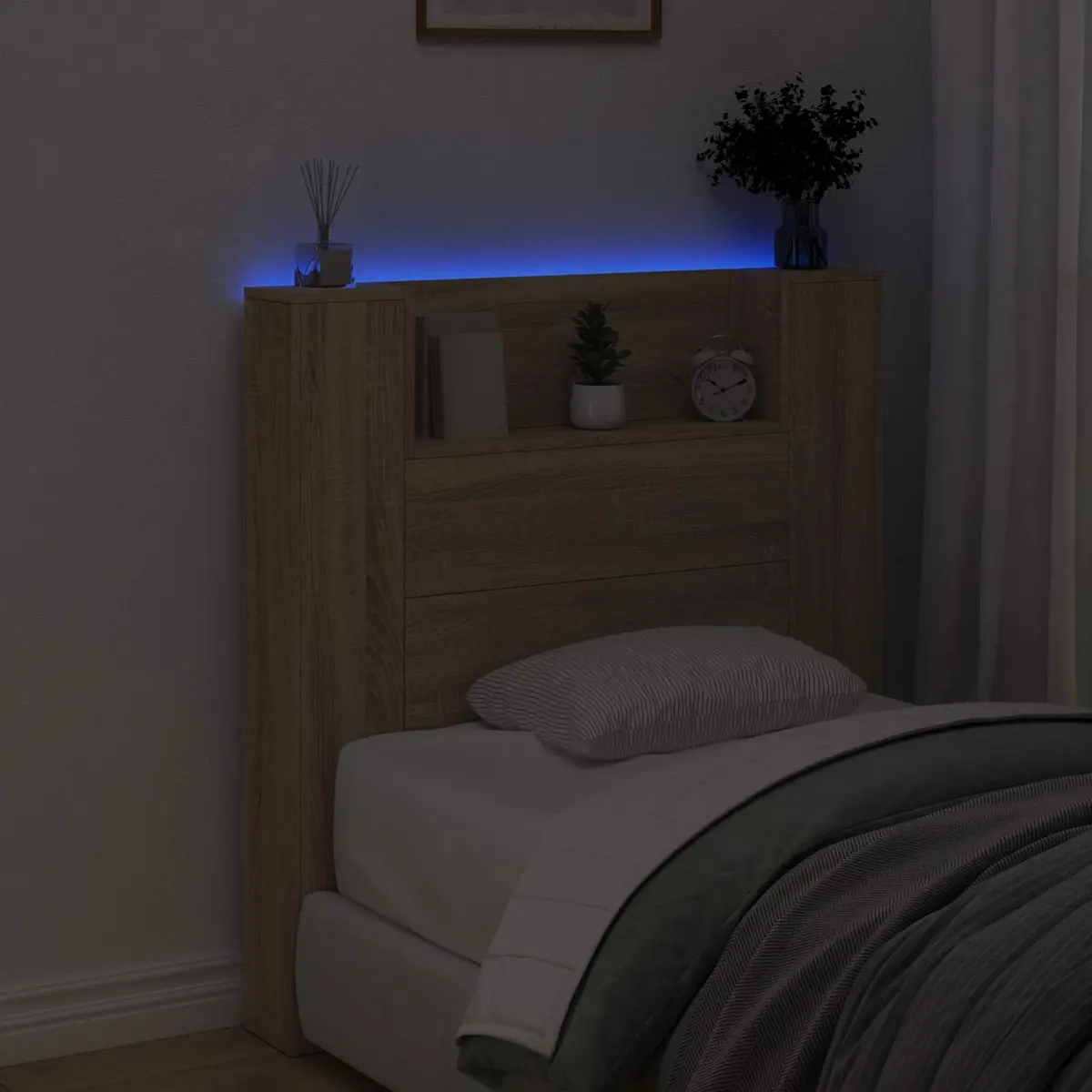 Storage Headboard RGB LED Lights Engineered Wood Bedroom Furniture Shelf Brown