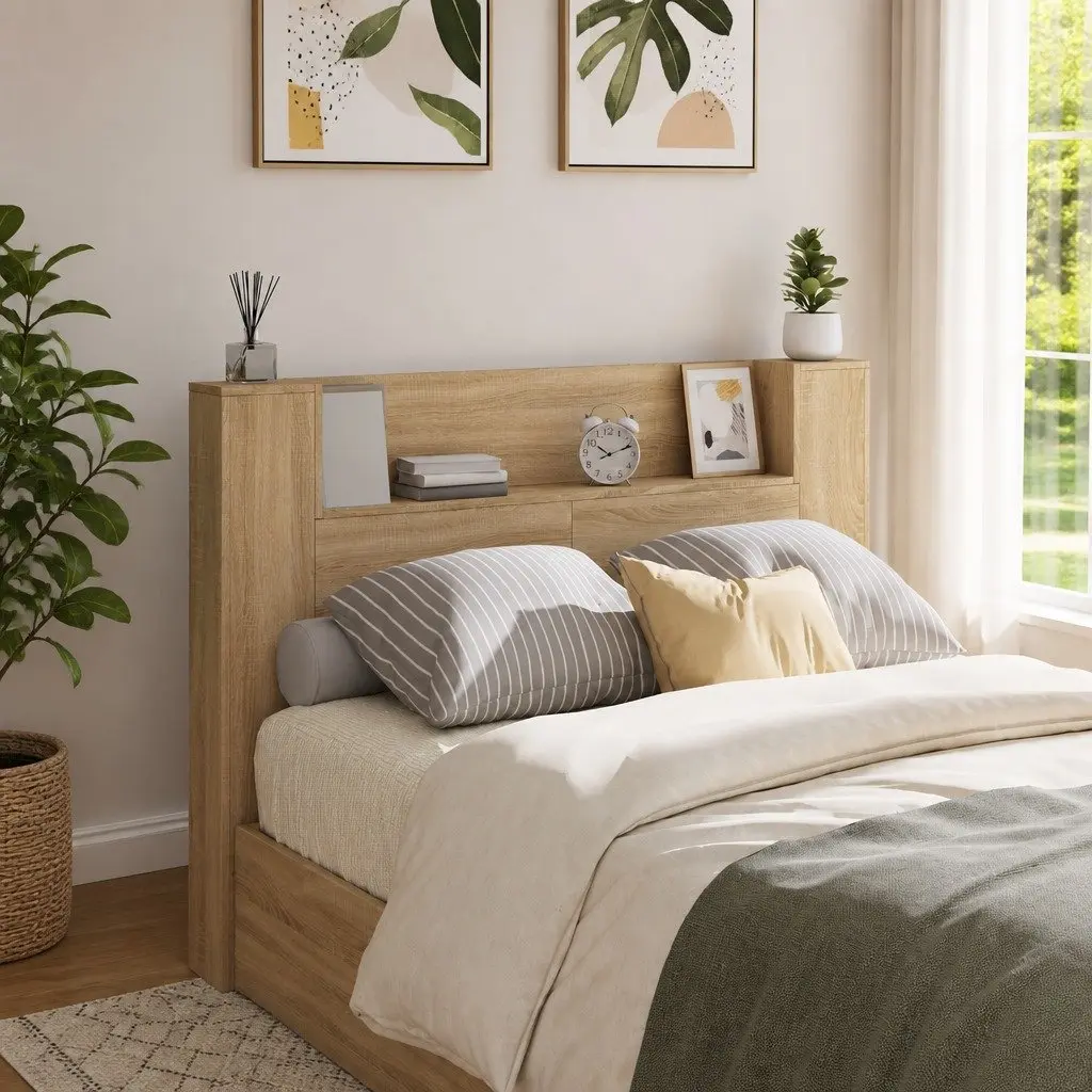 Brown Storage Headboard with LED Lighting Options