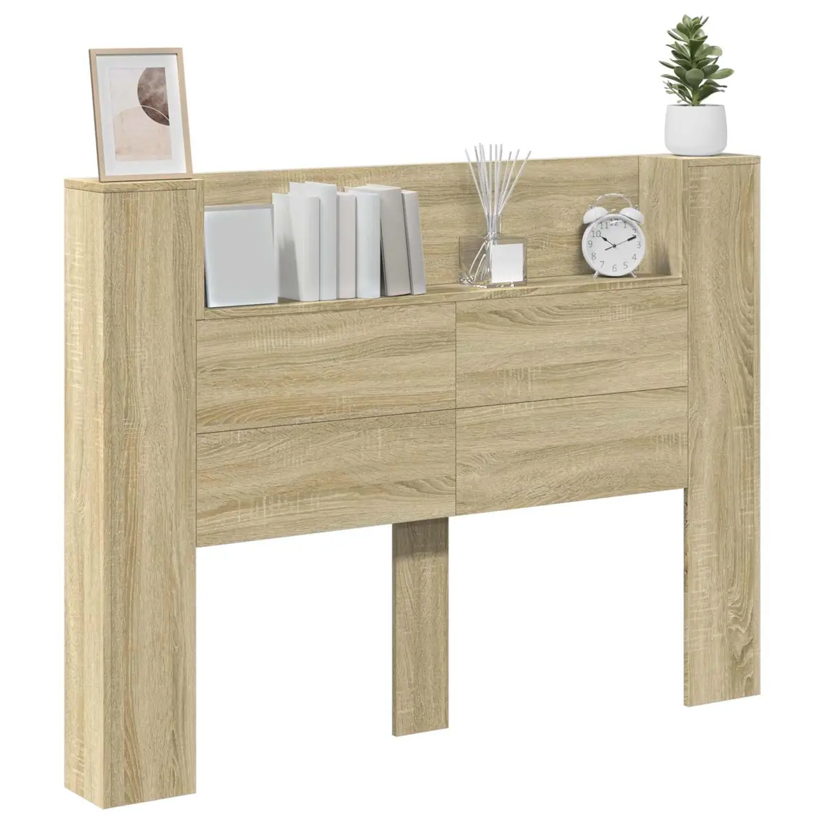 Storage Headboard with LED Lights Bedroom Shelf Brown Engineered Wood