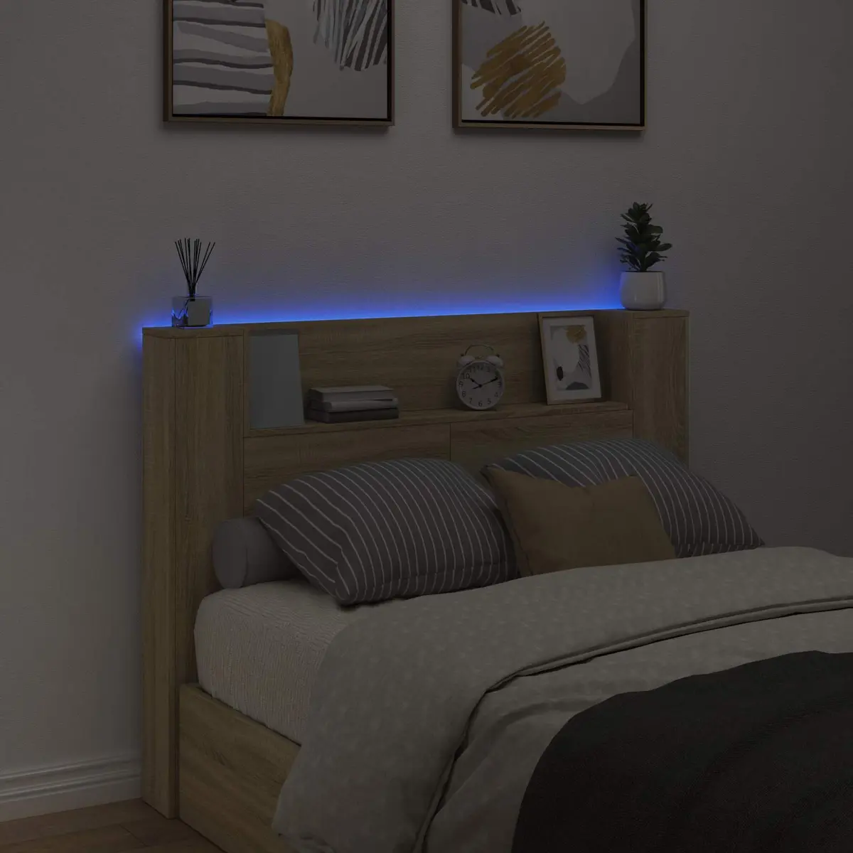 Storage Headboard with LED Lights Bedroom Shelf Brown Engineered Wood