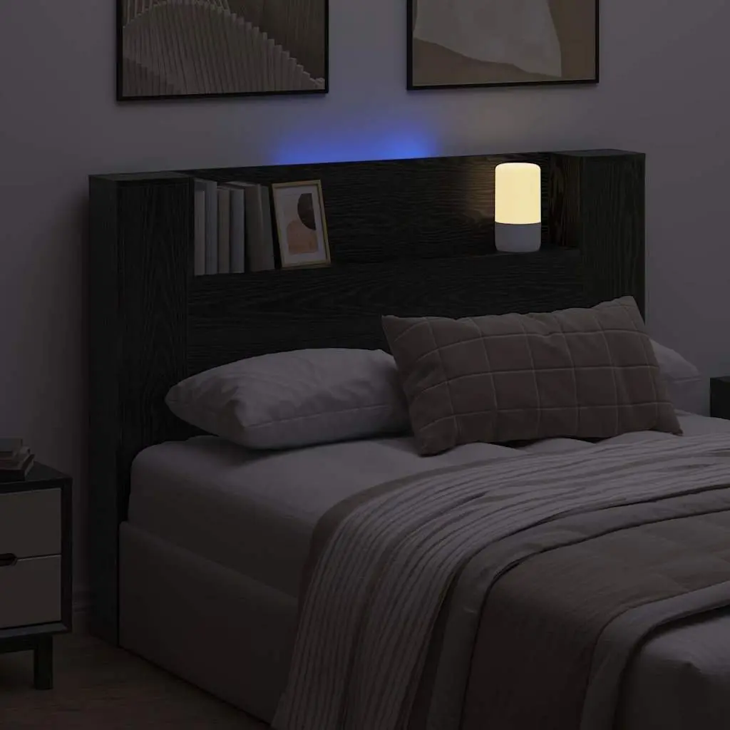 Engineered Wood Storage Headboard Black with Adjustable RGB LED Lights for Bedroom